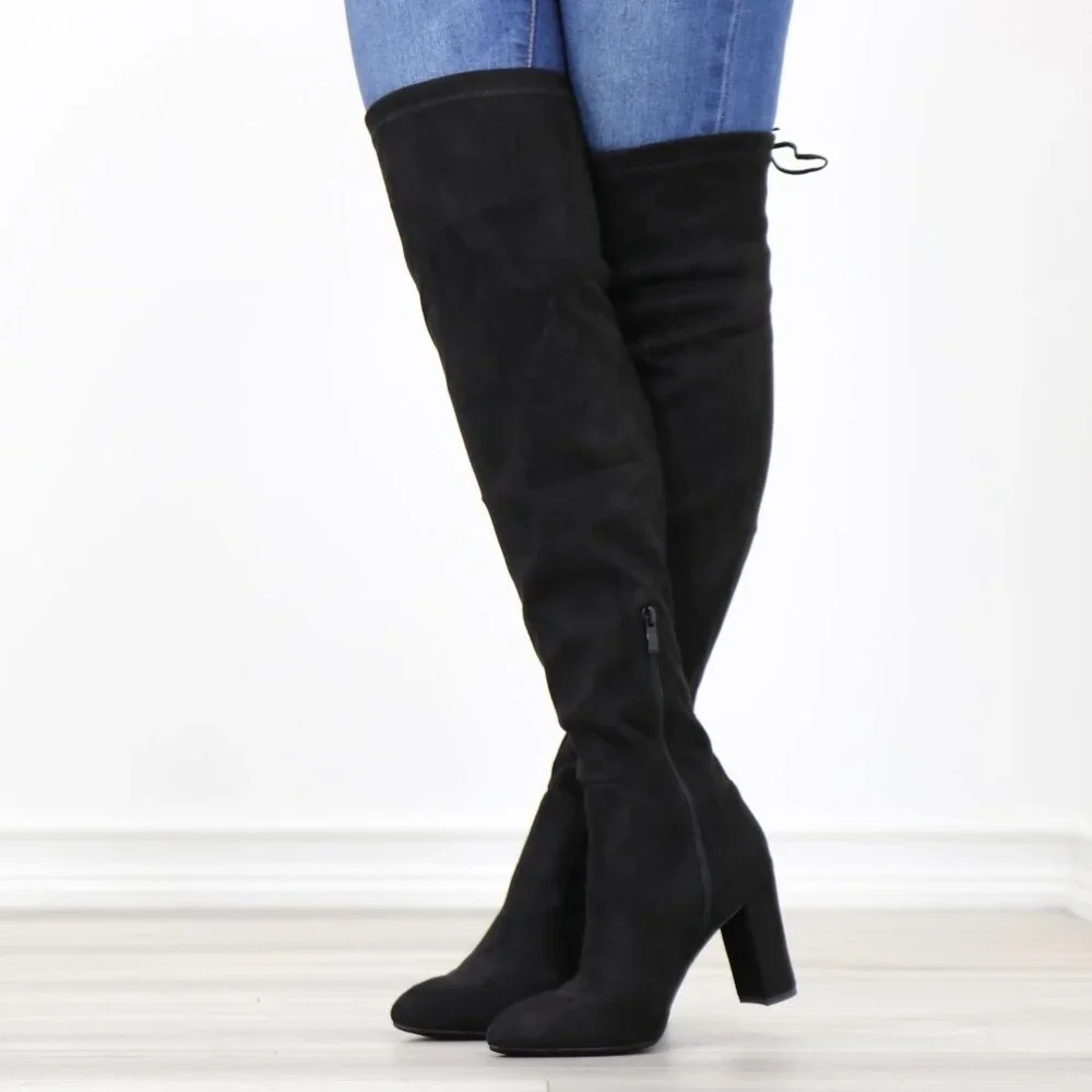 Black Over The Knee Boots Lace Up Back Side Zip Block Heel Faux Suede